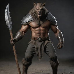 Increase the werewolf's muscularity further, enhancing the bulkiness of its body. The heavy armor, metal helmet, rugged cloth, and wooden staff all adjust to accommodate the creature's more formidable size.