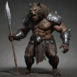 Increase the werewolf's muscularity further, enhancing the bulkiness of its body. The heavy armor, metal helmet, rugged cloth, and wooden staff all adjust to accommodate the creature's more formidable size.