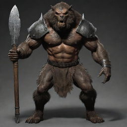 Increase the werewolf's muscularity further, enhancing the bulkiness of its body. The heavy armor, metal helmet, rugged cloth, and wooden staff all adjust to accommodate the creature's more formidable size.