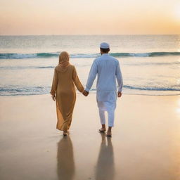 A Muslim couple dressed modestly, holding hands and walking along a sandy beach, the blue ocean in the background with the sun setting, casting a beautiful golden light.