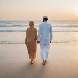 A Muslim couple dressed modestly, holding hands and walking along a sandy beach, the blue ocean in the background with the sun setting, casting a beautiful golden light.