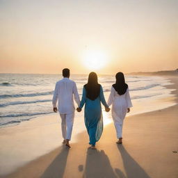 A Muslim couple dressed modestly, holding hands and walking along a sandy beach, the blue ocean in the background with the sun setting, casting a beautiful golden light.