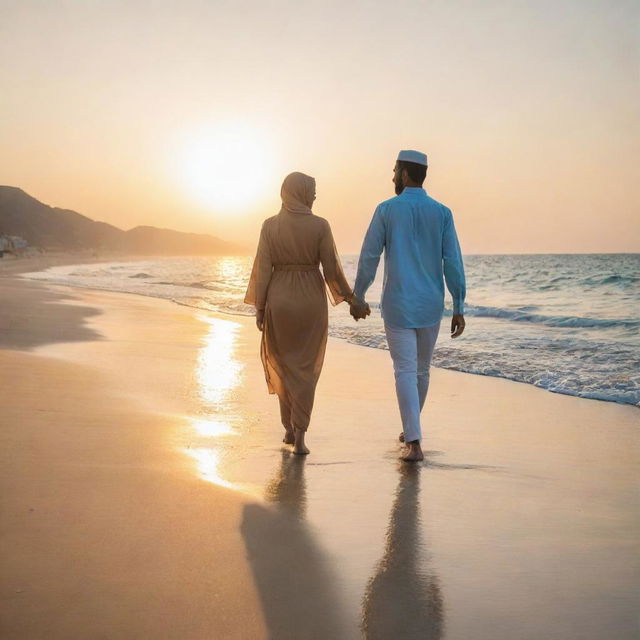 A Muslim couple dressed modestly, holding hands and walking along a sandy beach, the blue ocean in the background with the sun setting, casting a beautiful golden light.