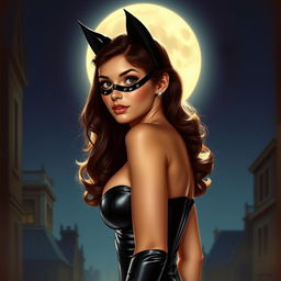 Charming young woman dressed as Catwoman standing under strong moonlight, realistic portrait style