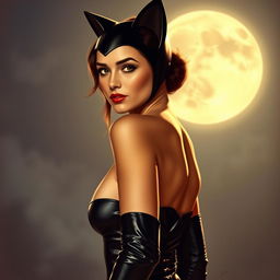 Charming young woman dressed as Catwoman standing under strong moonlight, realistic portrait style