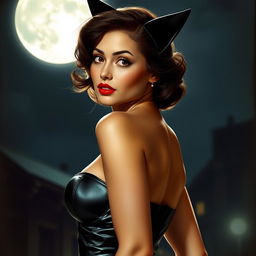 Charming young woman dressed as Catwoman standing under strong moonlight, realistic portrait style