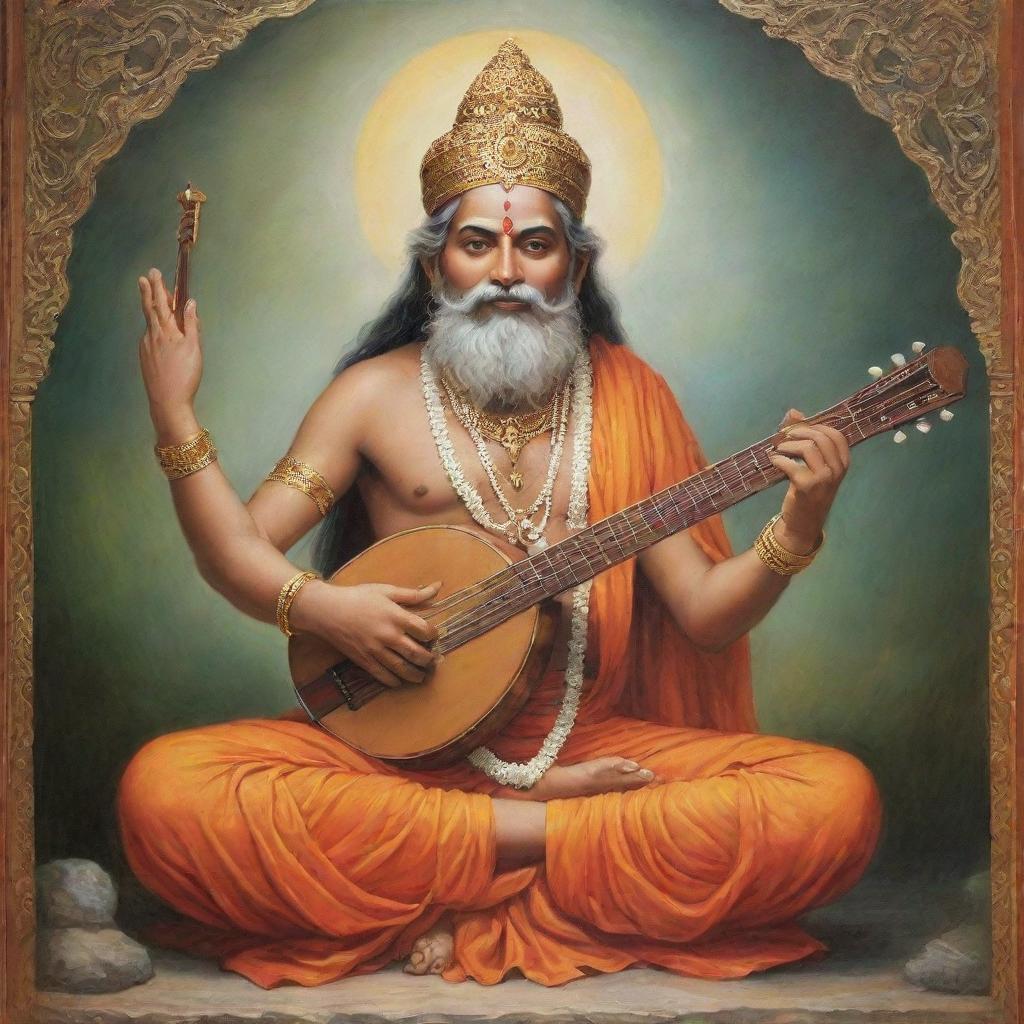 A vivid portrayal of the divine sage, Narad Muni, from Hindu mythology. He has an enlightened expression, carries a veena (musical instrument) in his hands, and wears traditional sage attire, exuding an aura of divine wisdom.