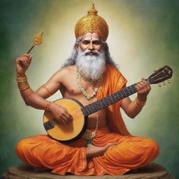 A vivid portrayal of the divine sage, Narad Muni, from Hindu mythology. He has an enlightened expression, carries a veena (musical instrument) in his hands, and wears traditional sage attire, exuding an aura of divine wisdom.