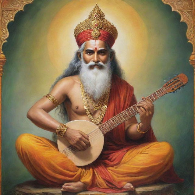 A vivid portrayal of the divine sage, Narad Muni, from Hindu mythology. He has an enlightened expression, carries a veena (musical instrument) in his hands, and wears traditional sage attire, exuding an aura of divine wisdom.