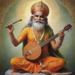 A vivid portrayal of the divine sage, Narad Muni, from Hindu mythology. He has an enlightened expression, carries a veena (musical instrument) in his hands, and wears traditional sage attire, exuding an aura of divine wisdom.