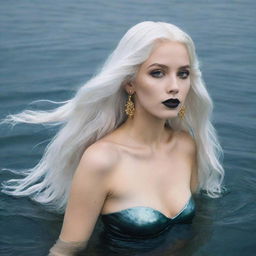 An art-style image of a mermaid with long white hair, pale bluish skin, wearing black lipstick and gold hoop earrings. Her tail is white and she's at the bottom of the ocean.