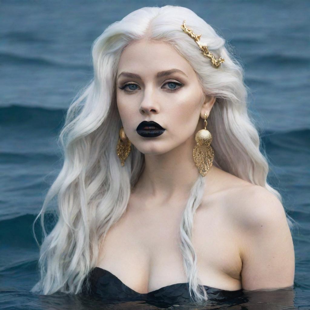 An art-style image of a mermaid with long white hair, pale bluish skin, wearing black lipstick and gold hoop earrings. Her tail is white and she's at the bottom of the ocean.