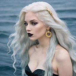 An art-style image of a mermaid with long white hair, pale bluish skin, wearing black lipstick and gold hoop earrings. Her tail is white and she's at the bottom of the ocean.