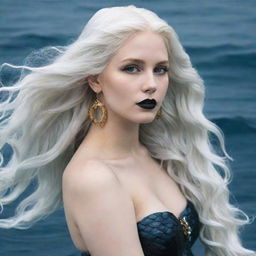 An art-style image of a mermaid with long white hair, pale bluish skin, wearing black lipstick and gold hoop earrings. Her tail is white and she's at the bottom of the ocean.