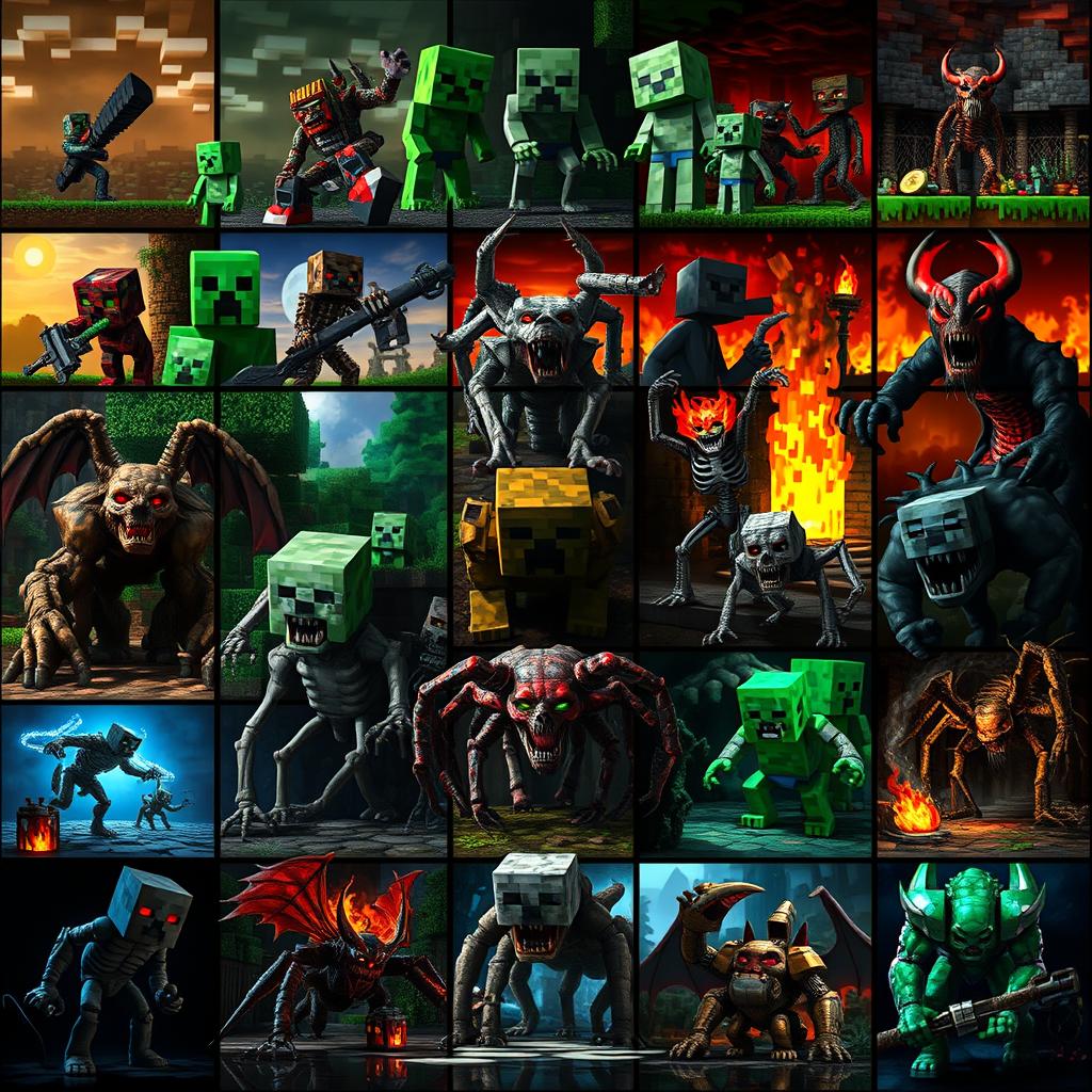 A comprehensive collage of all Minecraft monsters, including Creepers, Zombies, Skeletons, Endermen, Spiders, Witches, Ghasts, Blazes, and more