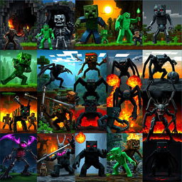 A comprehensive collage of all Minecraft monsters, including Creepers, Zombies, Skeletons, Endermen, Spiders, Witches, Ghasts, Blazes, and more