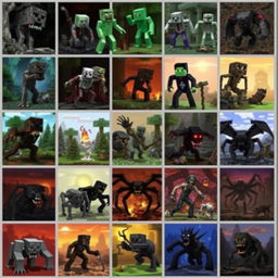 A comprehensive collage of all Minecraft monsters, including Creepers, Zombies, Skeletons, Endermen, Spiders, Witches, Ghasts, Blazes, and more