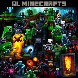 A comprehensive collage of all Minecraft monsters, including Creepers, Zombies, Skeletons, Endermen, Spiders, Witches, Ghasts, Blazes, and more