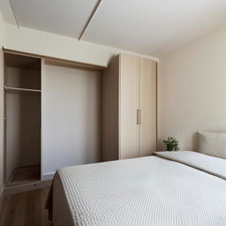 Design a small bedroom decorated in an aesthetically pleasing manner with smart use of space.