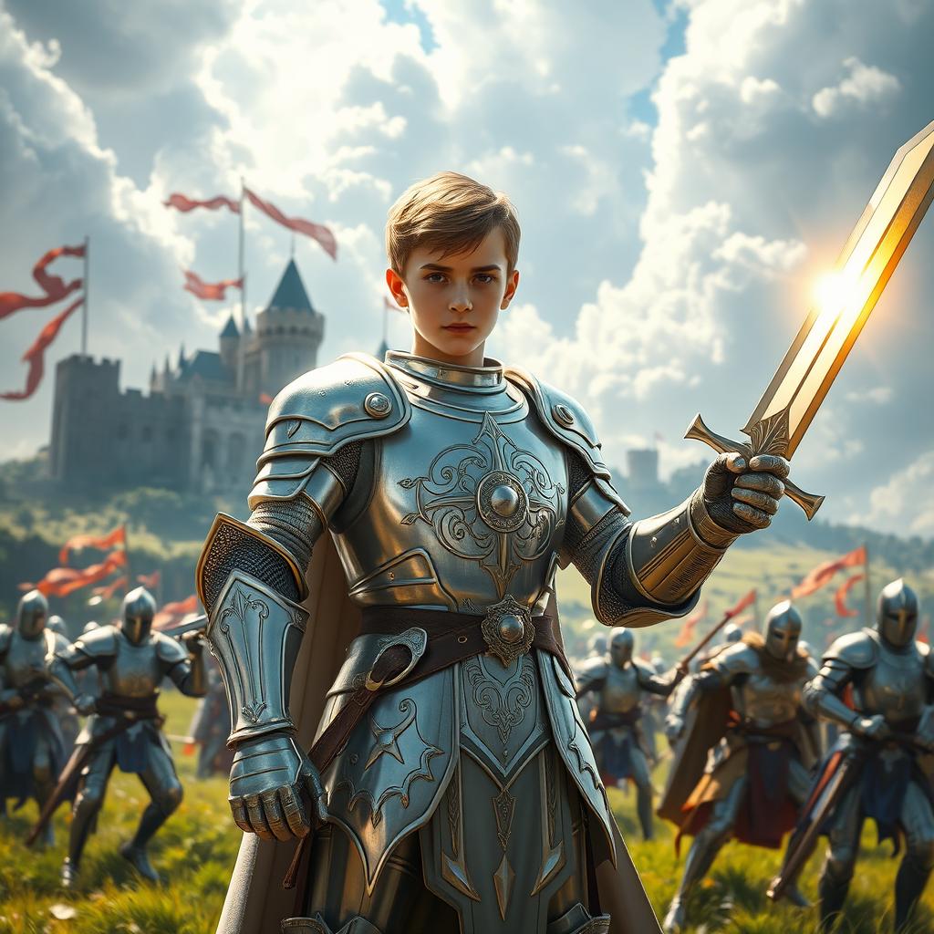 A young paladin clad in shining silver armor, standing heroically in a lush medieval battlefield