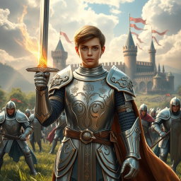 A young paladin clad in shining silver armor, standing heroically in a lush medieval battlefield