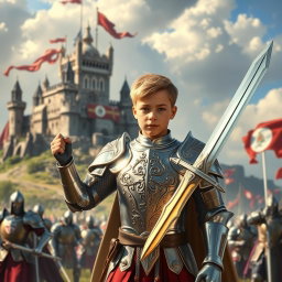 A young paladin clad in shining silver armor, standing heroically in a lush medieval battlefield