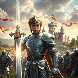 A young paladin clad in shining silver armor, standing heroically in a lush medieval battlefield