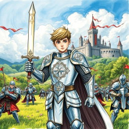 A hand-drawn illustration of a young paladin clad in shining silver armor, standing heroically in a lush medieval battlefield