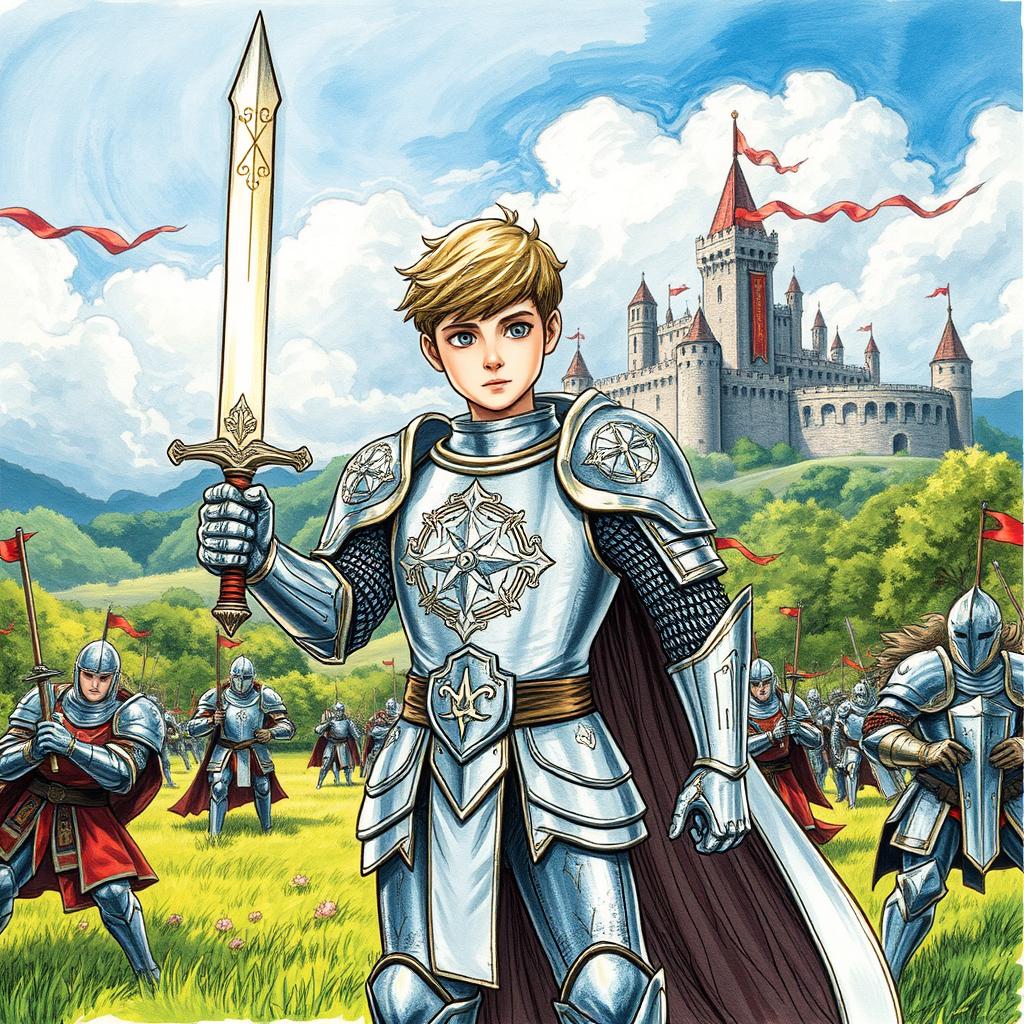 A hand-drawn illustration of a young paladin clad in shining silver armor, standing heroically in a lush medieval battlefield