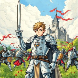 A hand-drawn illustration of a young paladin clad in shining silver armor, standing heroically in a lush medieval battlefield
