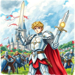 A hand-drawn illustration of a young paladin clad in shining silver armor, standing heroically in a lush medieval battlefield