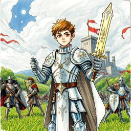 A hand-drawn illustration of a young paladin clad in shining silver armor, standing heroically in a lush medieval battlefield