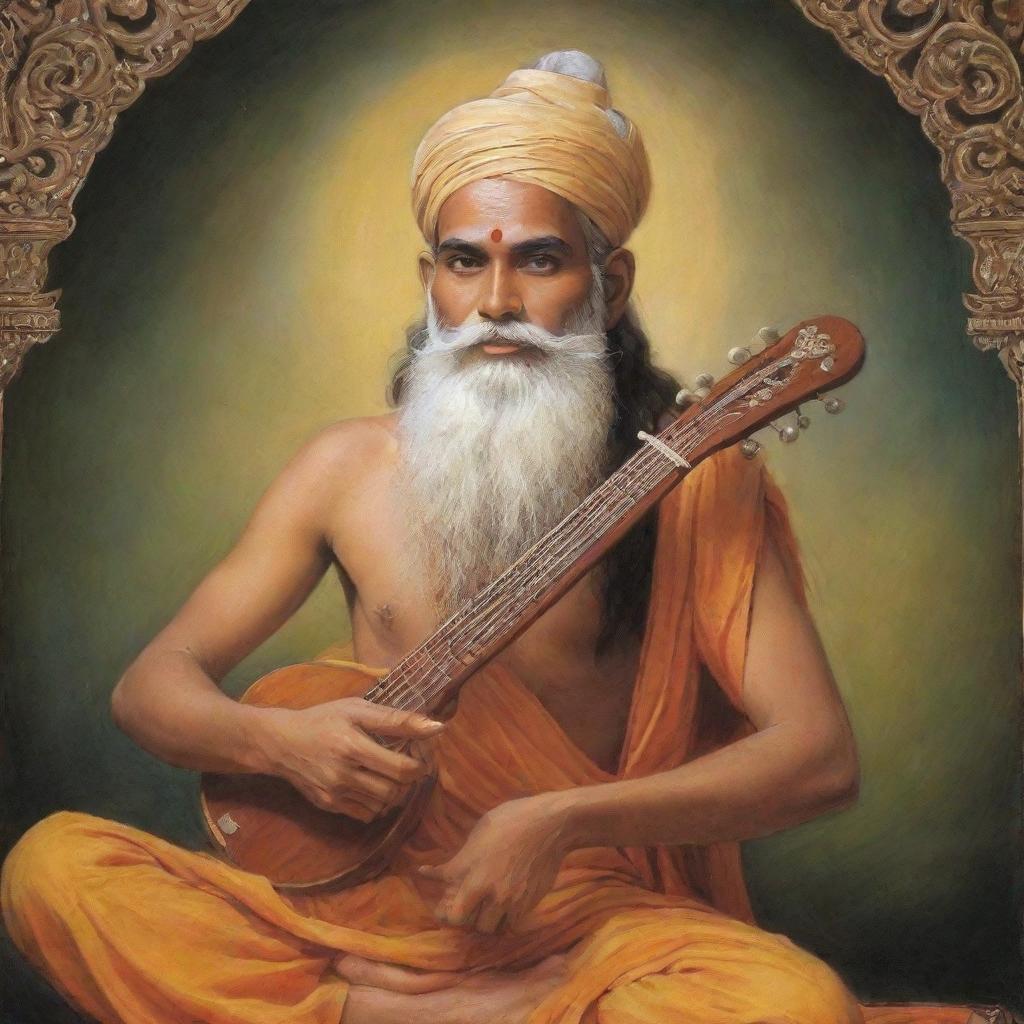 Alter the image of Narad Muni, shaving off his beard and facial hair and rejuvenating his looks. He appears as a young, divine sage, still carrying the veena and maintaining his aura of divine wisdom.