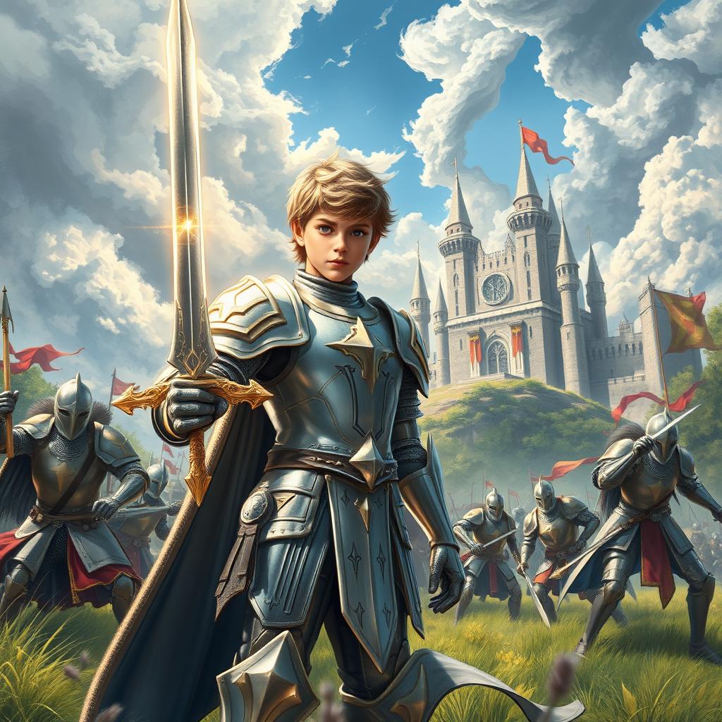 A realistic drawing of a young paladin in shining silver armor, standing valiantly in a lush medieval battlefield