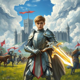 A realistic drawing of a young paladin in shining silver armor, standing valiantly in a lush medieval battlefield