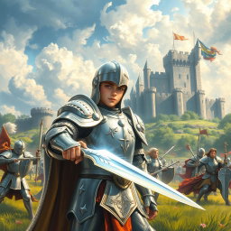 A realistic drawing of a young paladin in shining silver armor, standing valiantly in a lush medieval battlefield