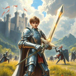 A realistic drawing of a young paladin in shining silver armor, standing valiantly in a lush medieval battlefield