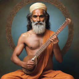 Alter the image of Narad Muni, shaving off his beard and facial hair and rejuvenating his looks. He appears as a young, divine sage, still carrying the veena and maintaining his aura of divine wisdom.