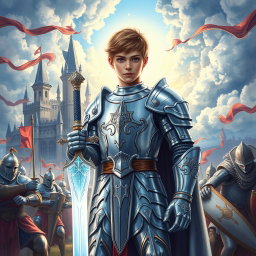 A realistic drawing for an ebook cover featuring a young paladin in shining, detailed silver armor