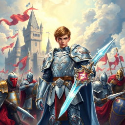 A realistic drawing for an ebook cover featuring a young paladin in shining, detailed silver armor