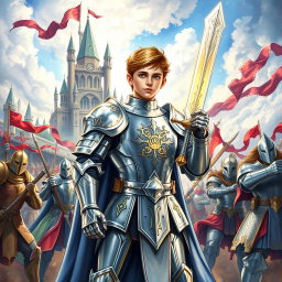A realistic drawing for an ebook cover featuring a young paladin in shining, detailed silver armor