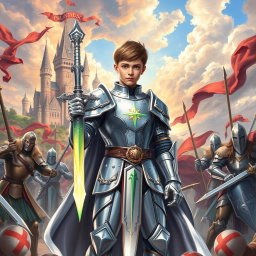 A realistic drawing for an ebook cover featuring a young paladin in shining, detailed silver armor