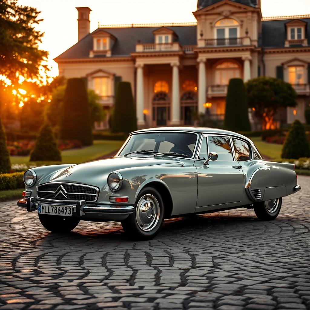 A luxurious scene featuring a vintage Citroën Dyane, parked elegantly in front of a grand mansion