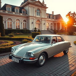 A luxurious scene featuring a vintage Citroën Dyane, parked elegantly in front of a grand mansion