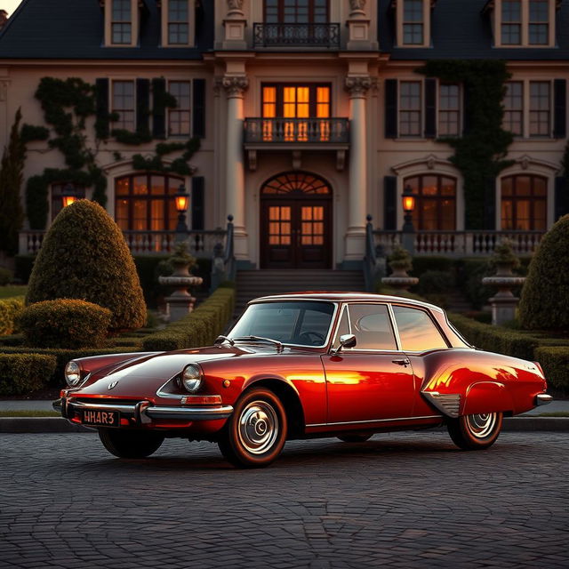 A luxurious scene featuring a vintage Citroën Dyane, parked elegantly in front of a grand mansion