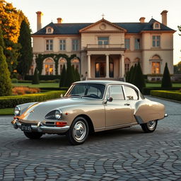 A luxurious scene featuring a vintage Citroën Dyane, parked elegantly in front of a grand mansion