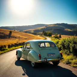 A picturesque scene showcasing a classic Citroën Dyane parked on a quaint European countryside road