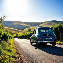 A picturesque scene showcasing a classic Citroën Dyane parked on a quaint European countryside road