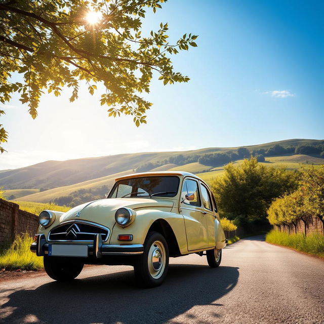 A picturesque scene showcasing a classic Citroën Dyane parked on a quaint European countryside road