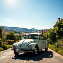 A picturesque scene showcasing a classic Citroën Dyane parked on a quaint European countryside road